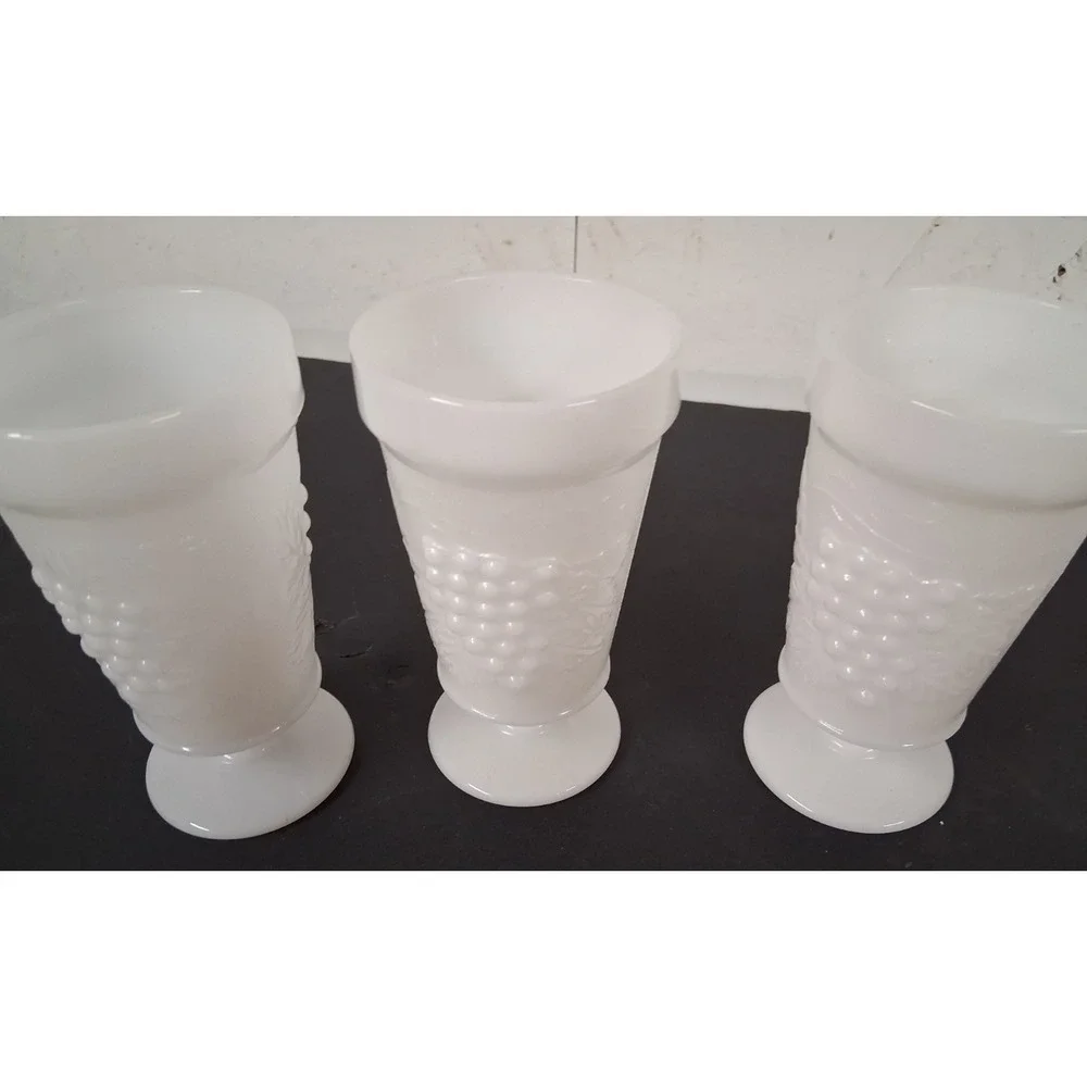3 Vintage Anchor Hocking White Milk Glass Footed Tumbler Goblet Grape Vine